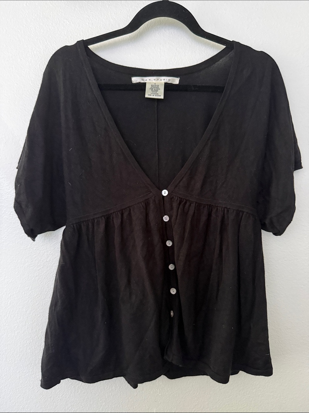 Max Studio vintage Black Button-Front V-Neck Short Sleeve Babydoll knit Top